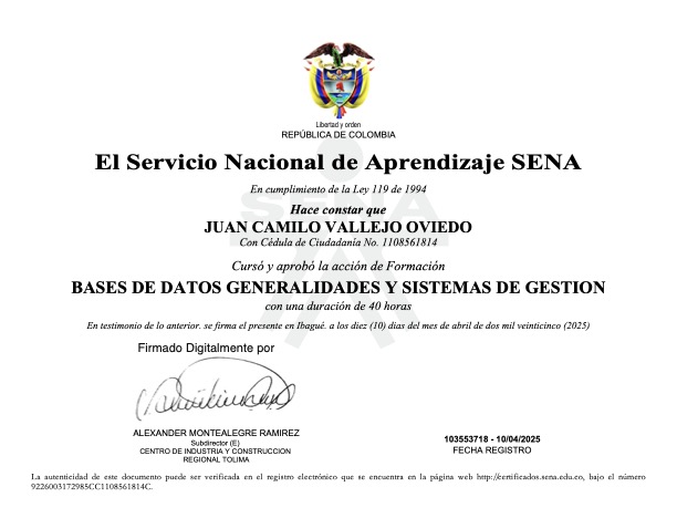 SENA Certificate
